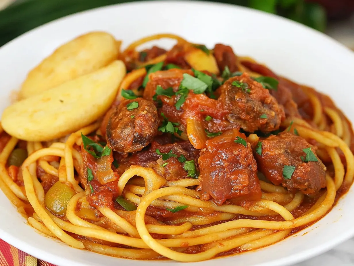 Dominican Spaghetti Recipe: A Bold, Flavor-Packed Comfort Dish in 30 Minutes 1 A creamy, slightly sweet tomato sauce with a hint of spice, loaded with cheese and seasoned meats—this is not your typical spaghetti! Perfect for Sunday lunches, family gatherings, or any day you’re craving something comforting.