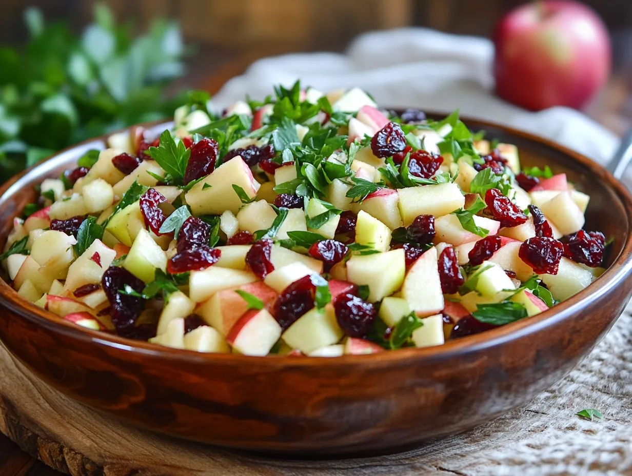 How to Make Dried Cranberry and Apple Salad in 15 Minutes 1 This vibrant salad combines crisp apples, chewy cranberries, crunchy nuts, and a light homemade dressing for the perfect side dish or light meal. Great for holidays, gatherings, or a simple, healthy lunch!