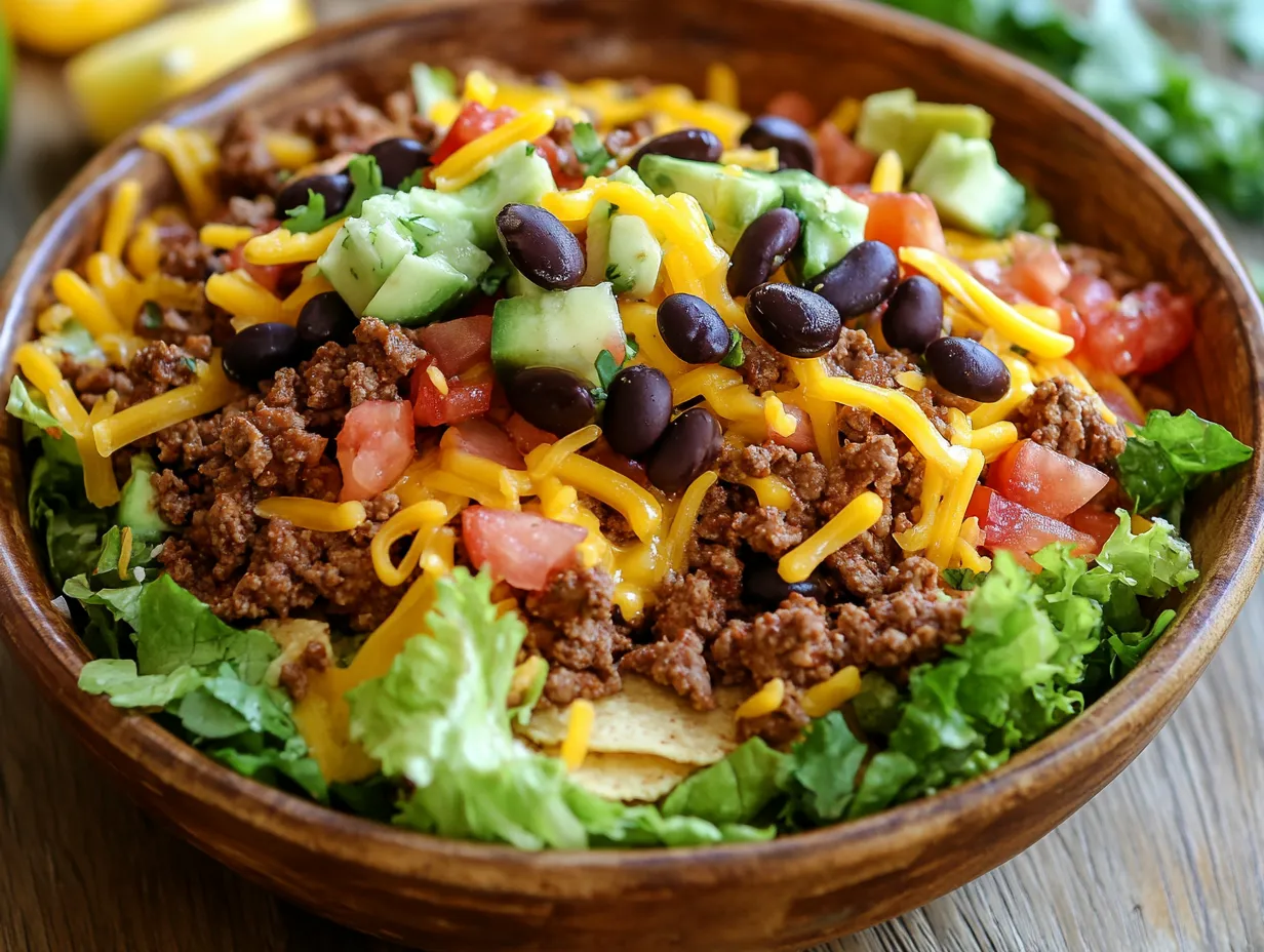 Quick & Fresh Meatless Taco Salad Without Meat 1 This vibrant, protein-packed taco salad is loaded with fresh veggies, crunchy tortilla chips, and a creamy dressing. Perfect for a quick lunch, dinner, or even meal prep!