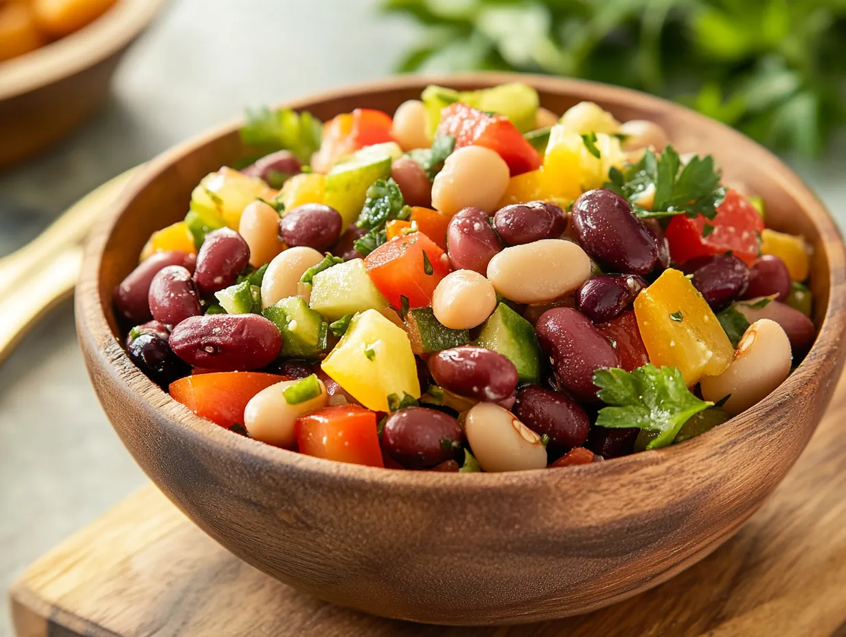 Three Bean Salad: A Perfect, Filling Dish Ready in 15 Minutes 1 This no-fuss salad is a great side dish for barbecues, potlucks, or meal prep! With a zesty dressing and a mix of crisp, hearty beans, it’s as nutritious as it is delicious.