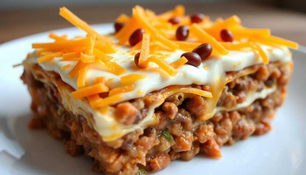 Image generation prompt for Walking Taco Casserole: A layered casserole dish with ground beef, Doritos, sour cream, cheese, and refried beans, baked to a golden, cheesy perfection. Image generation prompt for Walking Taco Casserole: A layered casserole dish with ground beef, Doritos, sour cream, cheese, and refried beans, baked to a golden, cheesy perfection.