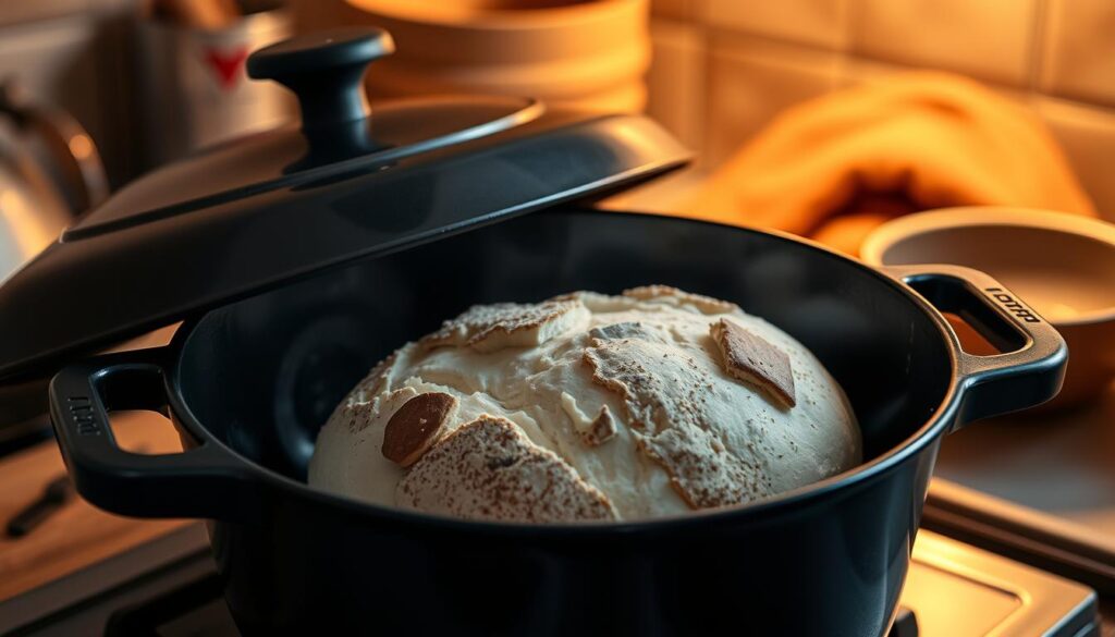 Image of a Dutch oven being preheated with a sourdough bread inside. Image of a Dutch oven being preheated with a sourdough bread inside.
