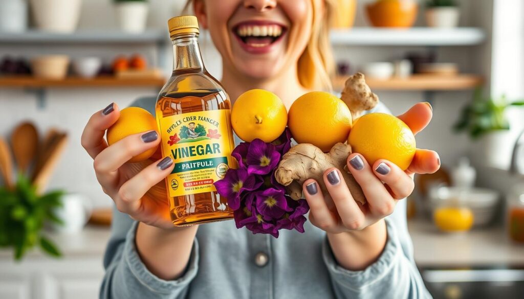 Image of a person holding various ingredients like apple cider vinegar, lemons, ginger, and butterfly pea flowers. Image of a person holding various ingredients like apple cider vinegar, lemons, ginger, and butterfly pea flowers.