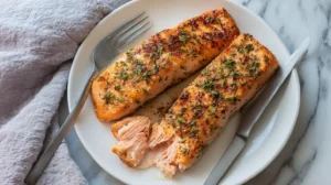 Two perfectly cooked salmon fillets with golden crispy skin and fresh herbs on white plate, showing flaky pink interior with fork and knife on marble surface