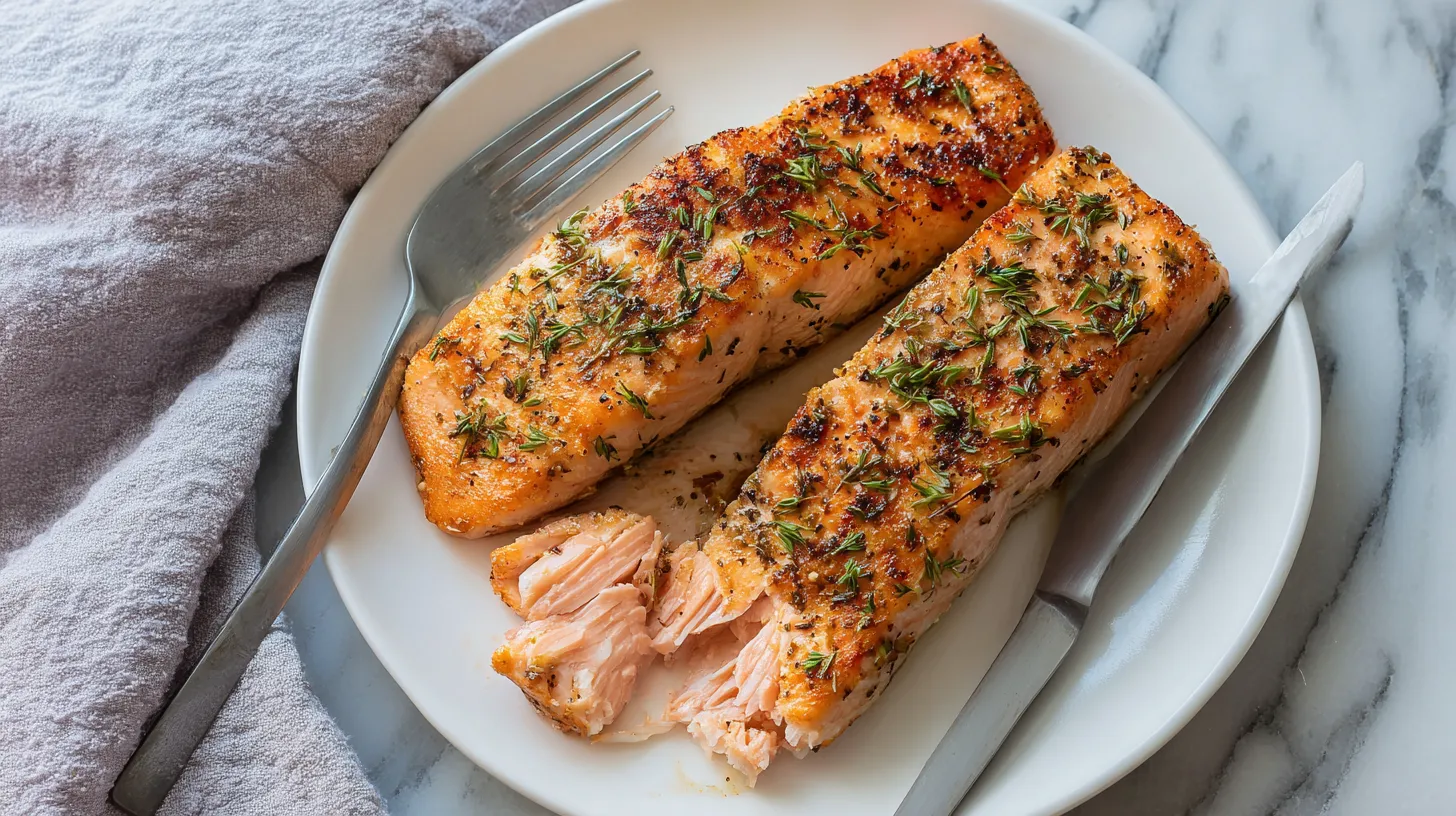 Two perfectly cooked salmon fillets with golden crispy skin and fresh herbs on white plate, showing flaky pink interior with fork and knife on marble surface