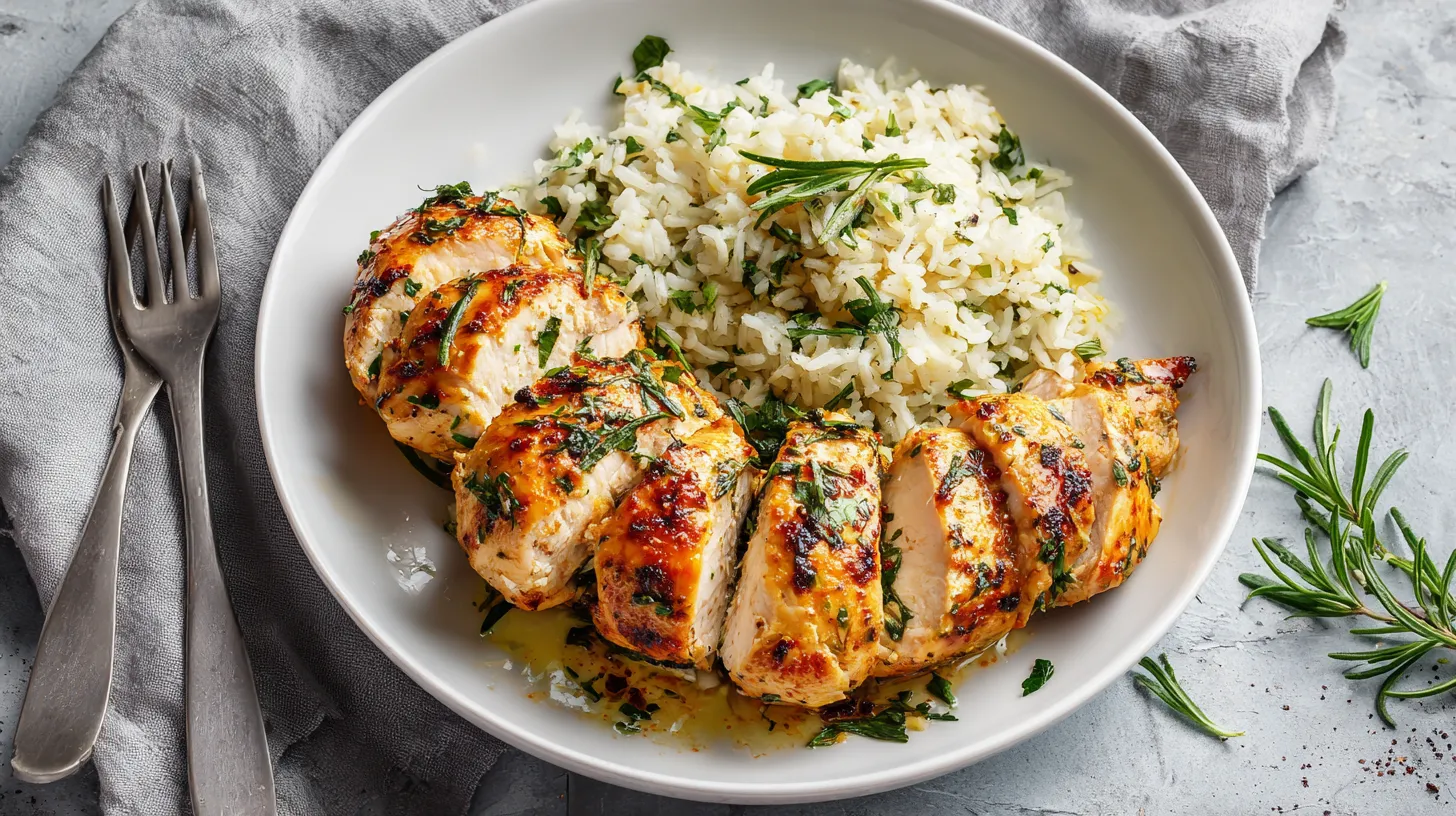 Sliced seasoned chicken breast with herb rice pilaf on white bowl, garnished with fresh rosemary and parsley on gray linen background