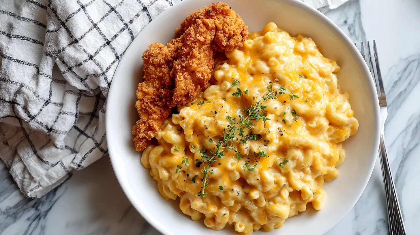 Finished mac and cheese with fried chicken on white plate, garnished with fresh thyme and black pepper, served with checkered napkin and fork