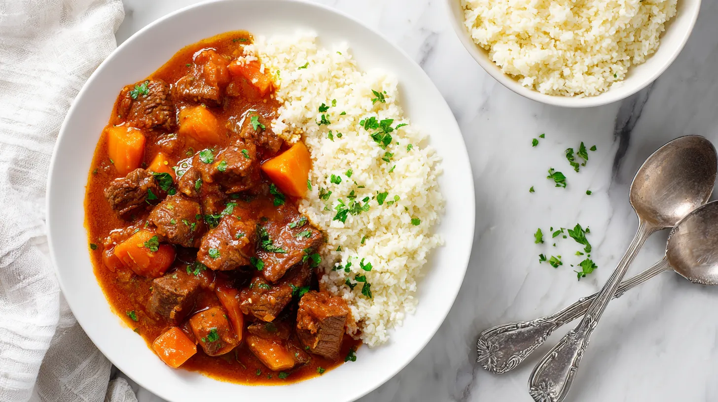 Beef stew with rice on white plate showing tender meat cubes and vegetables in rich sauce, with bowl of rice and ornate silverware on marble surface
