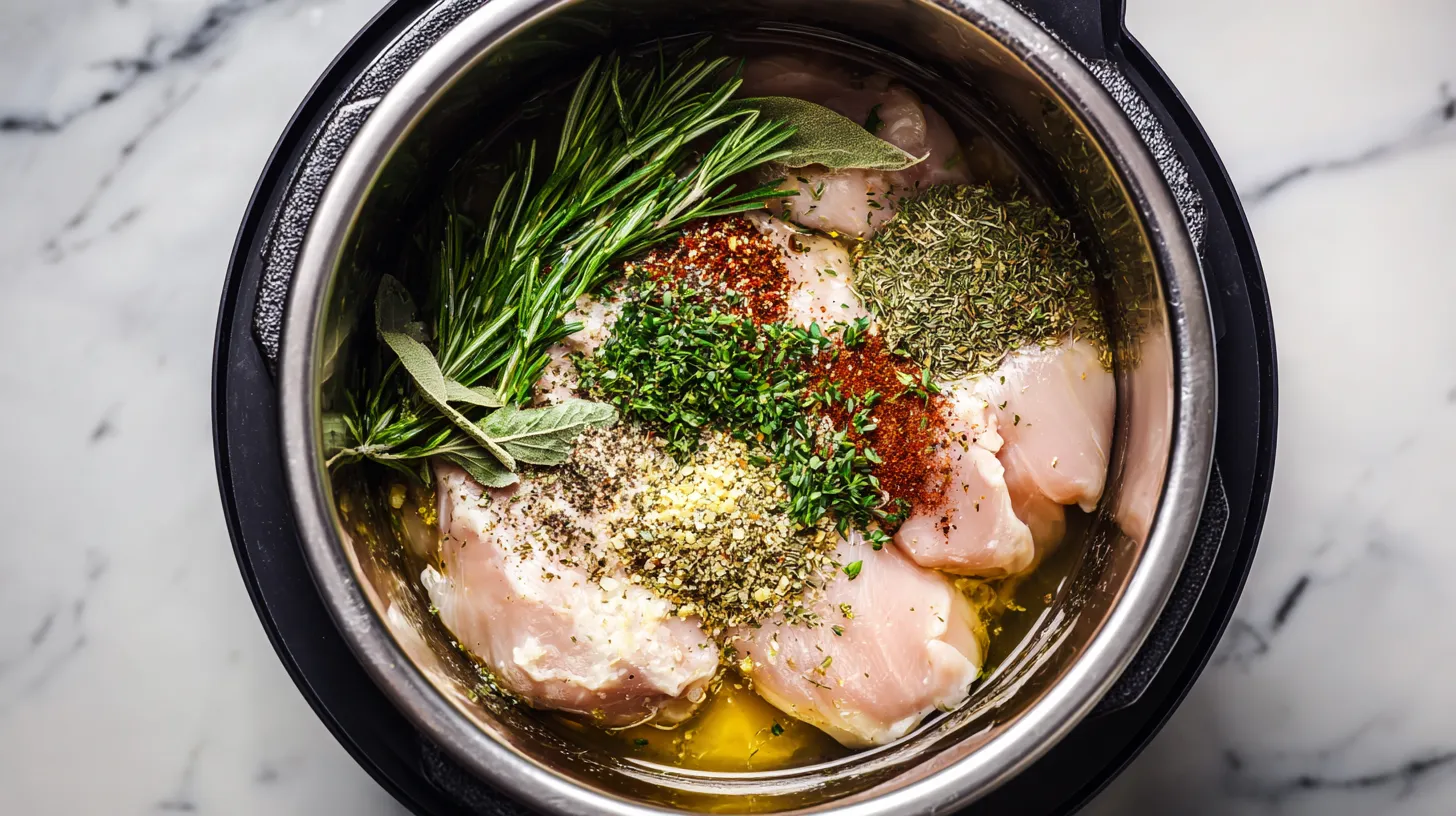 Raw chicken breasts with colorful herbs and spices in instant pot before cooking, showing fresh rosemary, sage, and various seasonings on marble surface
