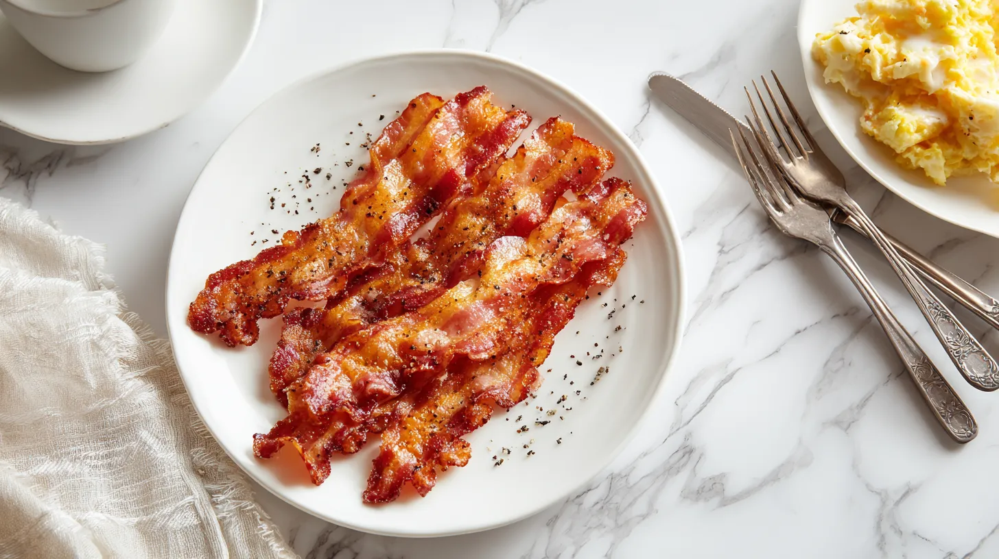 Crispy bacon strips with black pepper seasoning on white plate, served with scrambled eggs and elegant silverware for complete breakfast