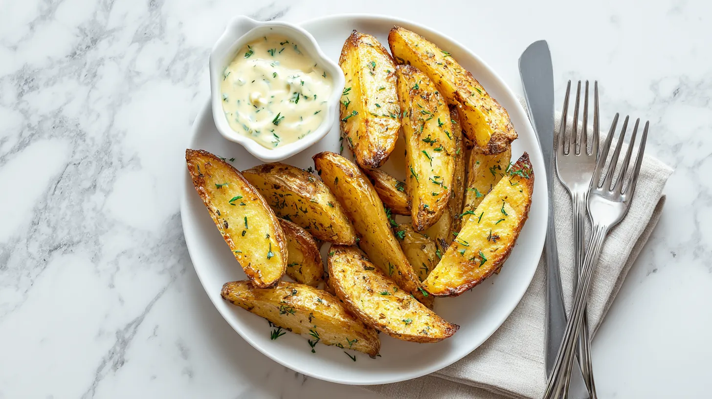 Golden potato wedges with crispy skins and fluffy interiors on white plate, garnished with fresh herbs and served with creamy dipping sauce