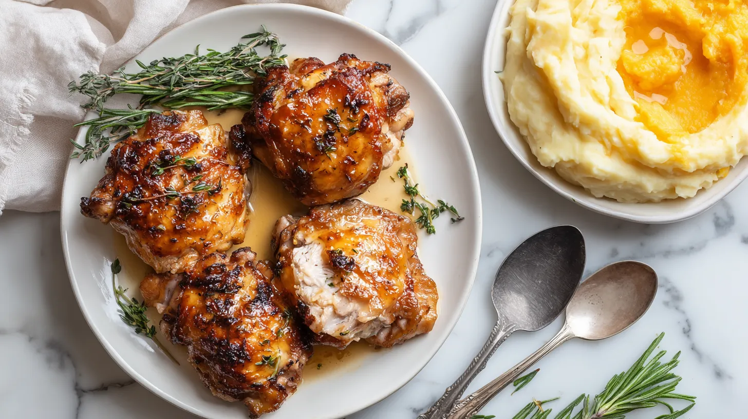 Golden brown crispy chicken thighs with caramelized skin and fresh thyme garnish on white plate, served with creamy mashed potatoes and elegant silverware