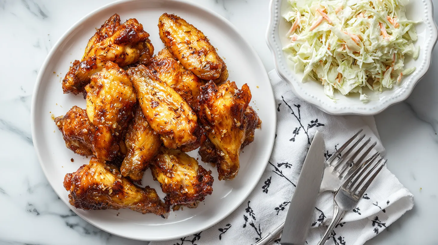 Glazed chicken wings with caramelized coating on beige plate accompanied by fresh coleslaw and silverware on marble countertop