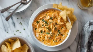Finished buffalo dip with swirled texture and fresh herbs in white bowl, served with tortilla chips and accompanied by beverages on marble counter