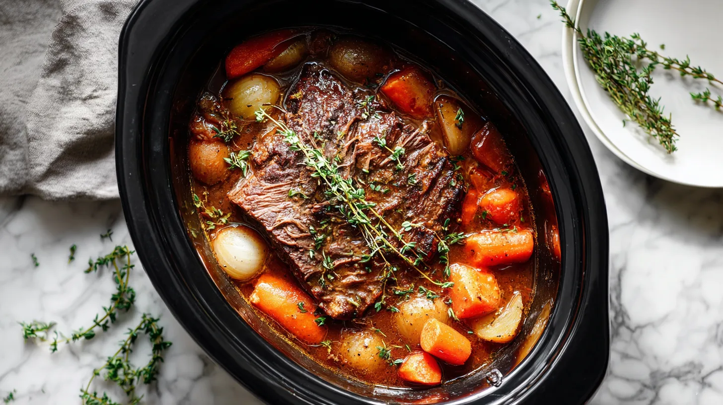 Chuck roast slow cooker recipe cooking in black crock pot with vegetables, herbs, and rich brown sauce during cooking process