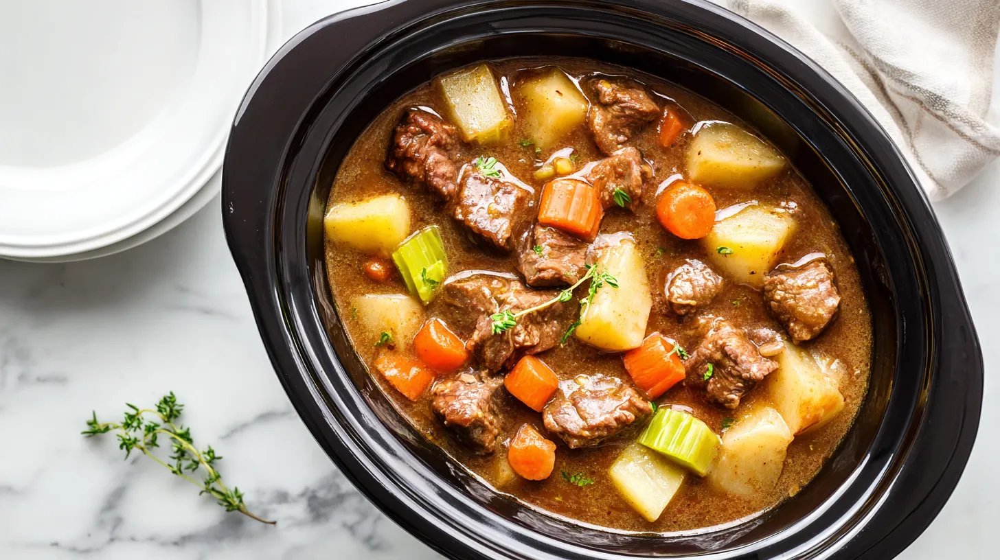 Beef stew slow cooker mid-cooking process showing tender meat, potatoes, carrots in rich brown broth with fresh thyme garnish in black crock pot