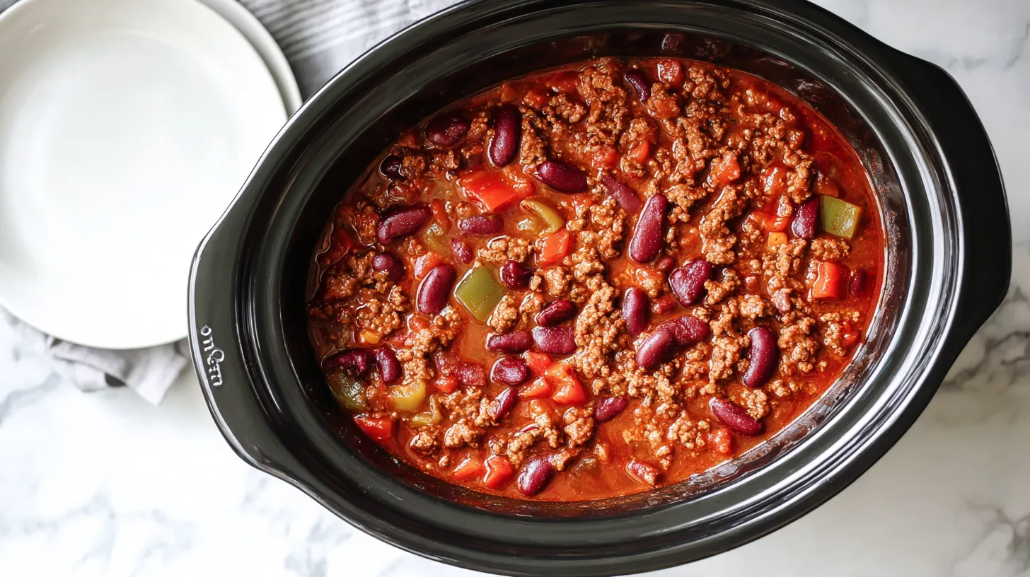 Finished chili slow cooker recipe cooking in black crock pot showing thick consistency with ground beef, kidney beans in rich tomato sauce