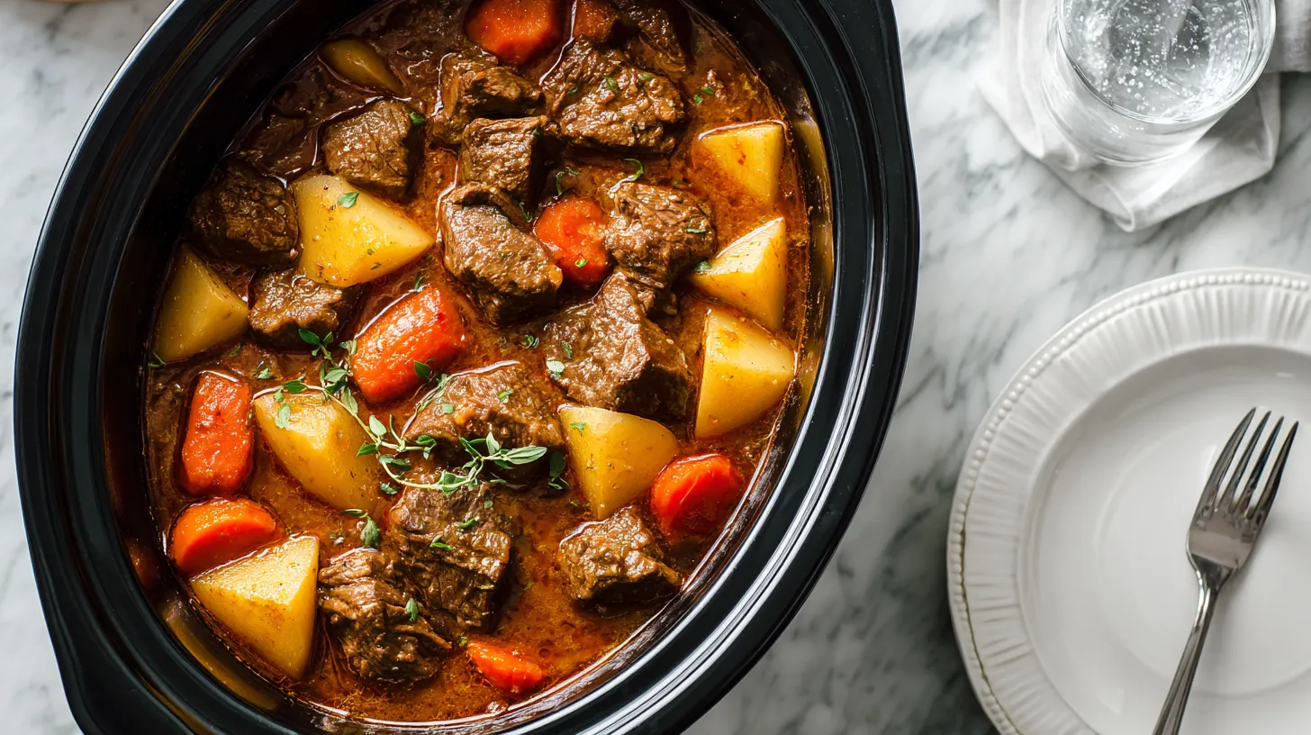 Beef stew recipe crock pot with tender chunks of beef, potatoes, carrots in rich brown gravy in slow cooker with serving plates nearby
