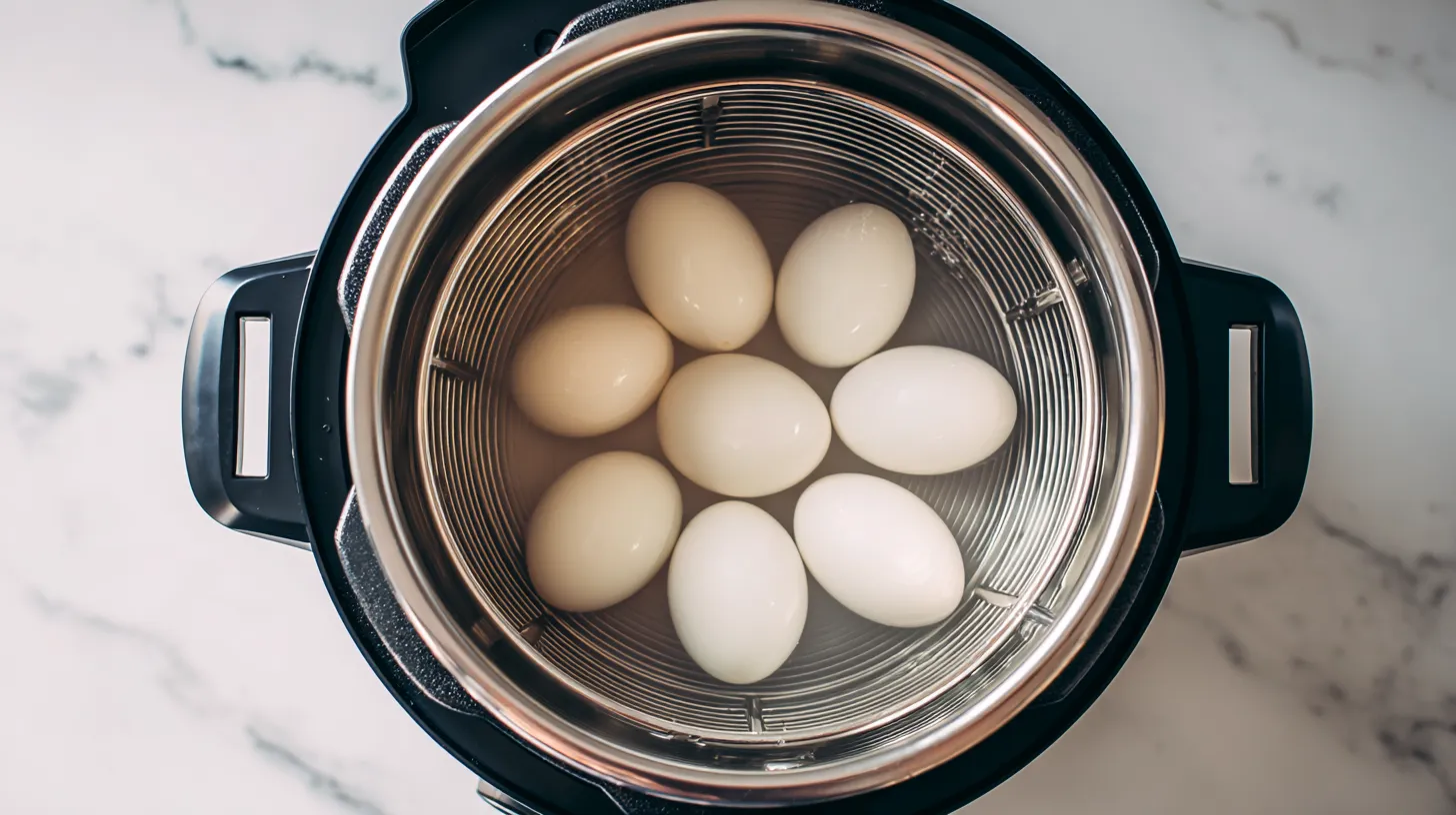 Fresh eggs in instant pot steamer basket ready for pressure cooking, showing proper setup for perfect instant pot boiled eggs method
