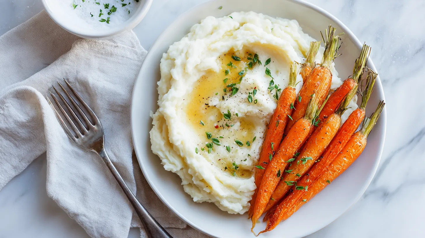 Fluffy mashed potatoes with butter well and fresh herbs, served alongside roasted carrots with green tops on white plate with fork and linen napkin