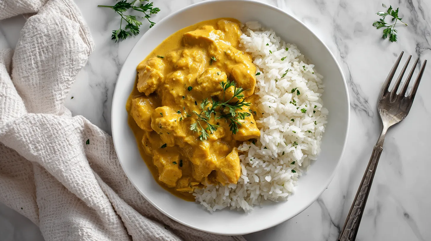 Creamy curry served over fluffy white rice with fresh herbs garnish on white plate, accompanied by fork on marble surface with linen napkin