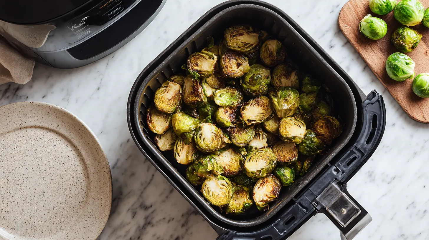 Finished Brussels sprouts in air fryer basket