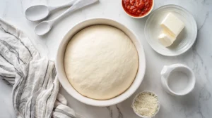 Pizza dough in bread maker with toppings ready