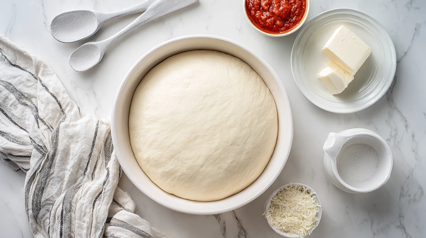 Pizza dough in bread maker with toppings ready