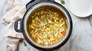 Instant pot with raw chicken and vegetables for soup