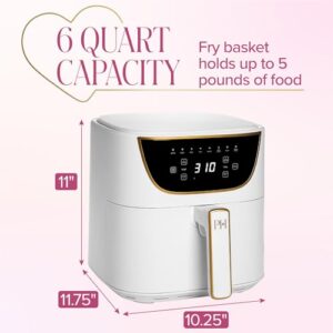 Paris Hilton Air Fryer, Large 6-Quart Capacity, Nonstick Made without PFAS, Touchscreen Display, 8-in-1 (Air Fry, Roast, Broil, Bake, Reheat, Keep Warm, Pizza, Dehydrate), Dishwasher Safe, White