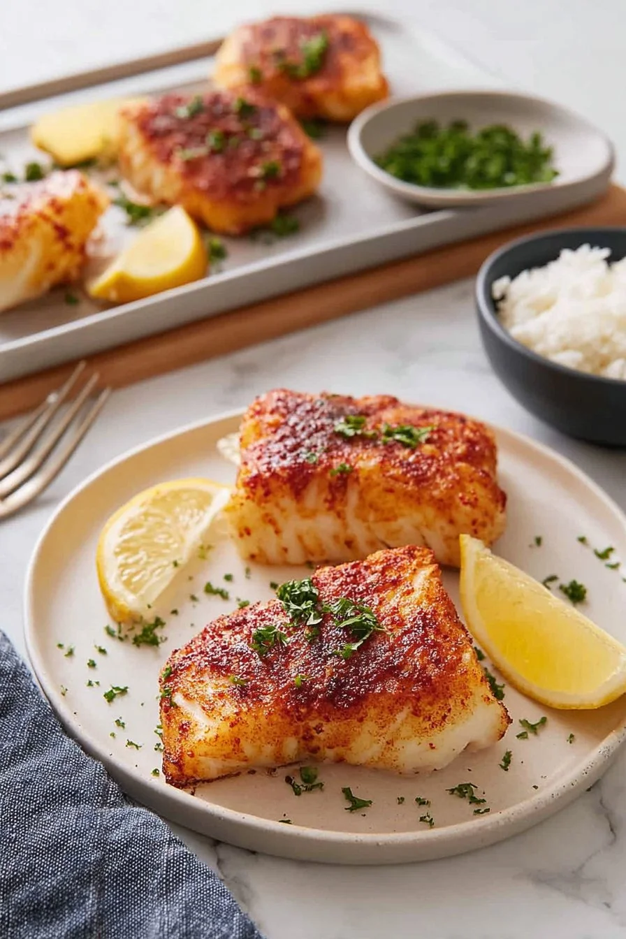 Crispy air fryer cod fillets served with lemon and herbs.