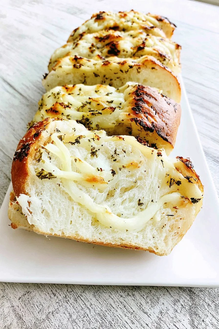 Cheesy garlic bread with melted cheese and garlic herbs on toasted bread