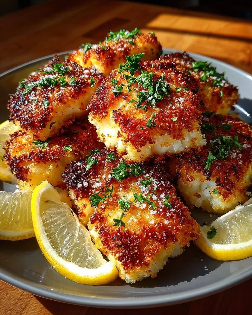 Crispy air fryer parmesan cod garnished with herbs on a plate.