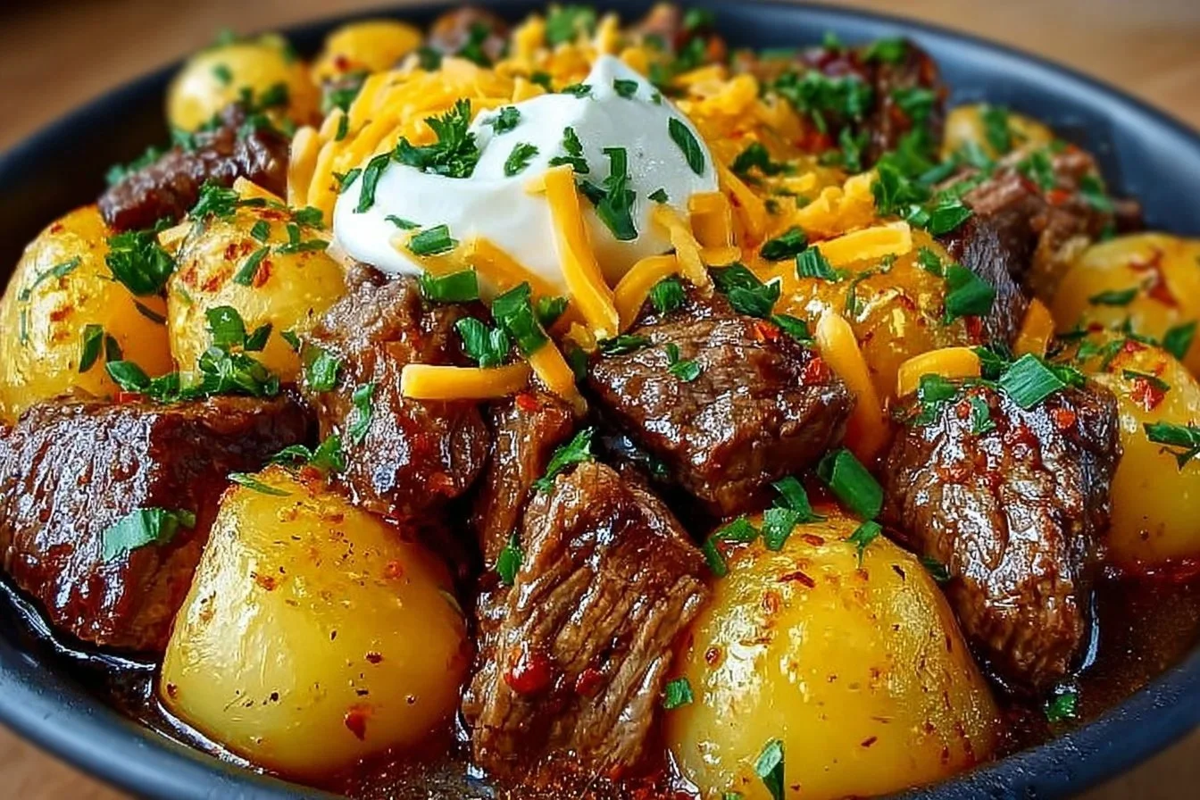 Crockpot Loaded Steak and Potato Bake dish served in a bowl