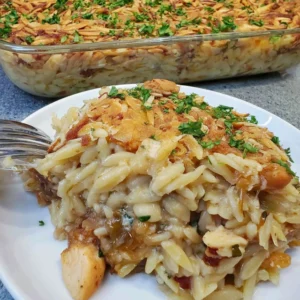 French Onion Chicken Orzo Casserole