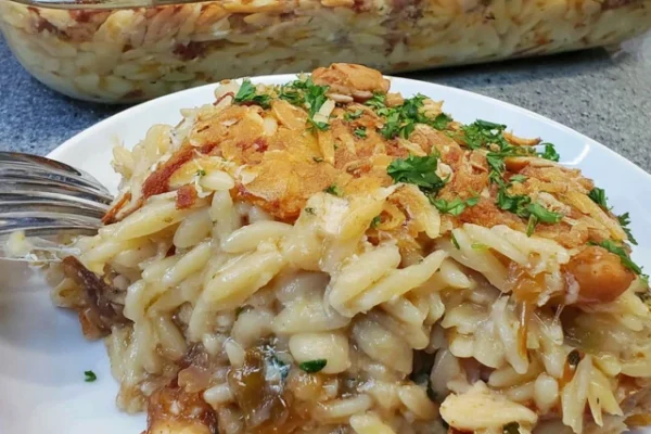 French Onion Chicken Orzo Casserole