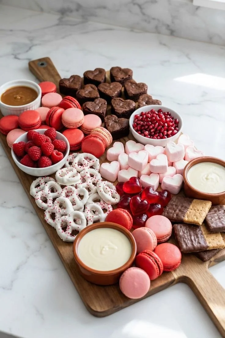 Colorful Galentine's dessert charcuterie board filled with sweet treats and treats.