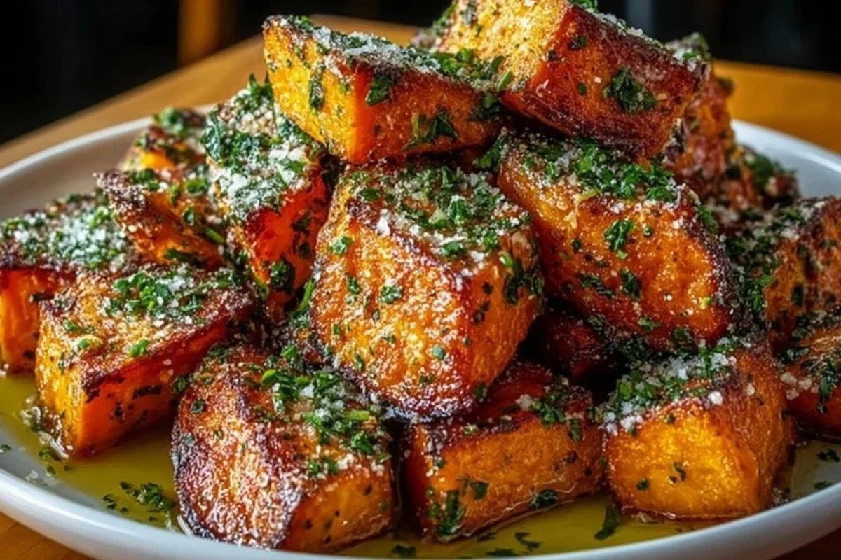Garlic Parmesan Sweet Potato dish garnished with herbs