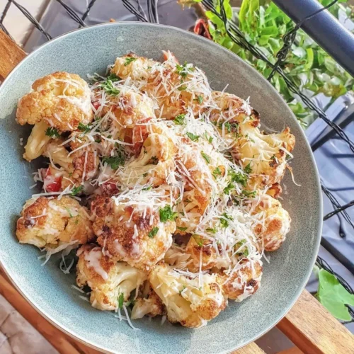 Air Fryer roasted cauliflower with Parmesan in a serving dish