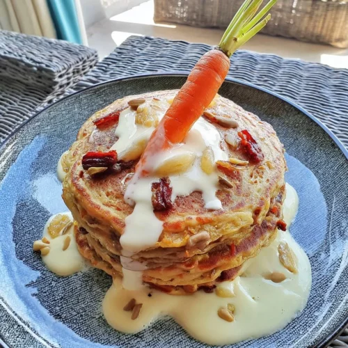 Fluffy carrot cake pancakes with cream cheese frosting for Easter brunch