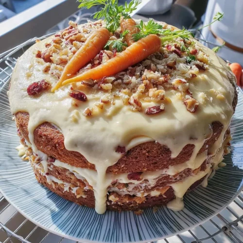 Carrot cake with cream cheese frosting served on a plate