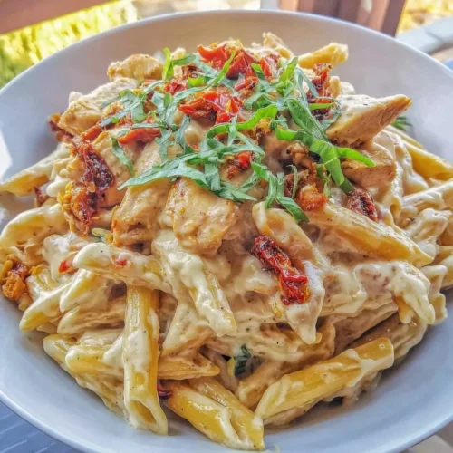 Creamy sun-dried tomato chicken pasta served in a bowl with herbs