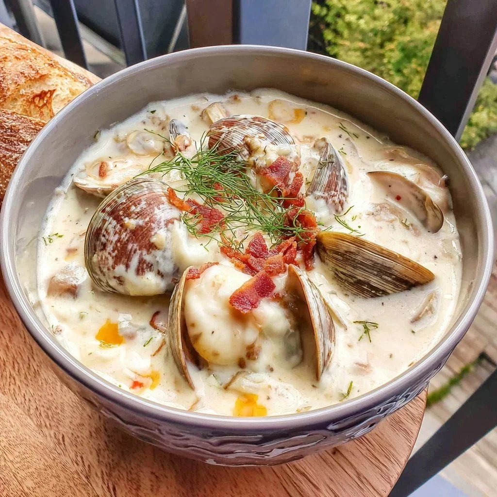 Bowl of easy Instant Pot clam chowder garnished with herbs.