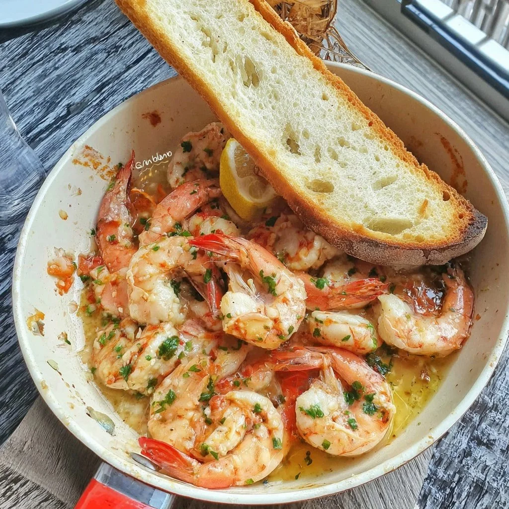 Easy lemon butter shrimp skillet dish garnished with fresh herbs