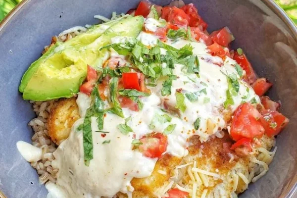 High-Protein Chicken Burrito Bowl With Avocado Sauce