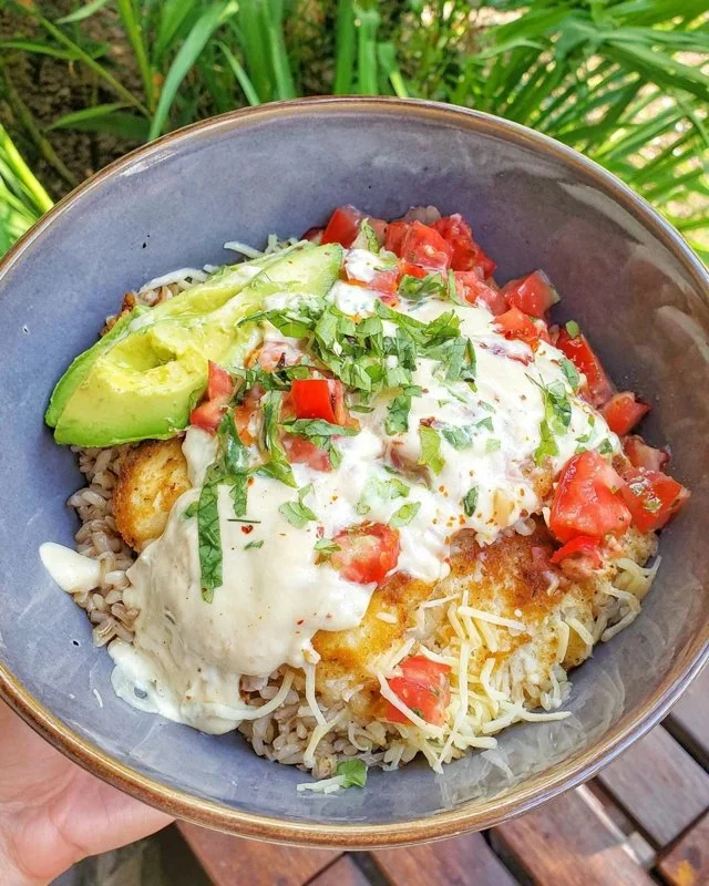 High-Protein Chicken Burrito Bowl With Avocado Sauce