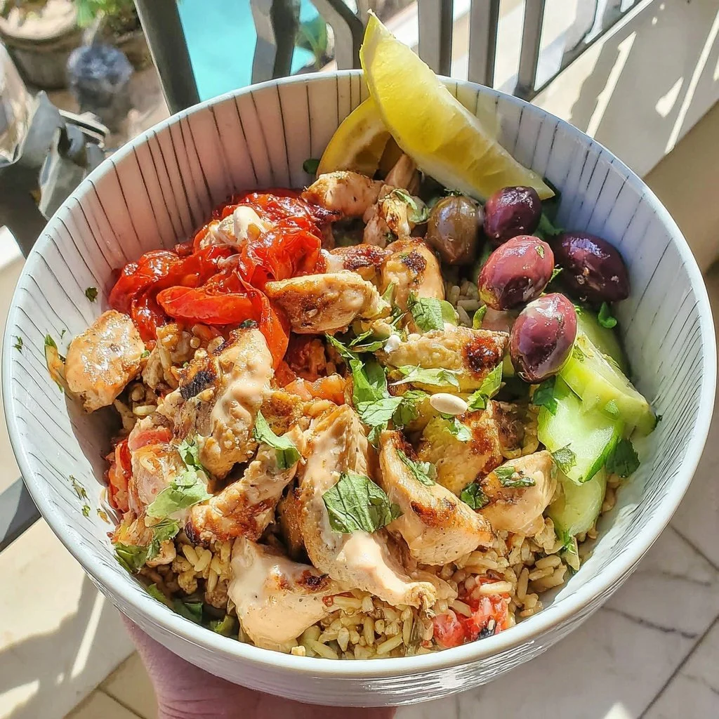 High-Protein Mediterranean Chicken Bowl with fresh vegetables and grains