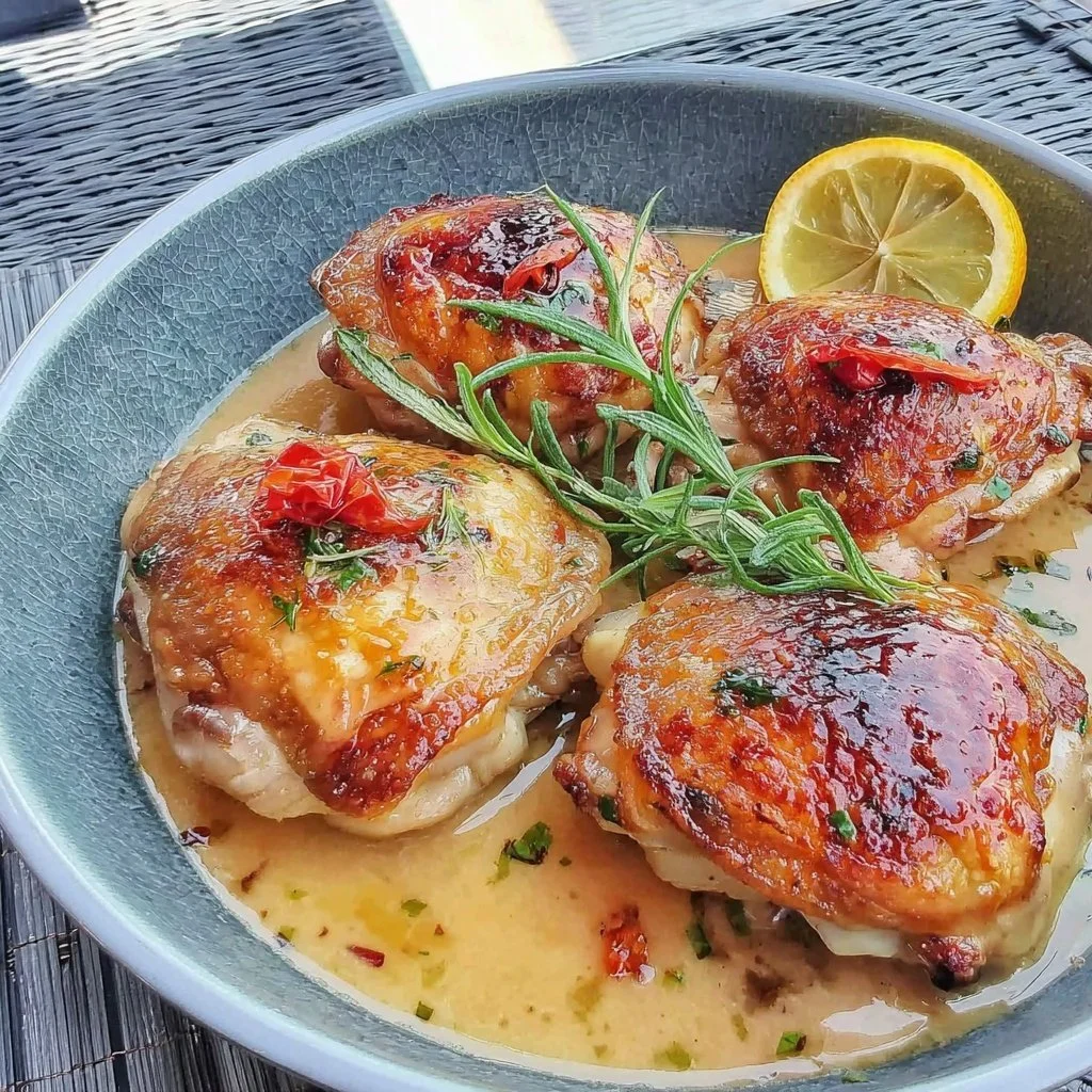 Mediterranean-style Lemon Chicken Thighs garnished with herbs