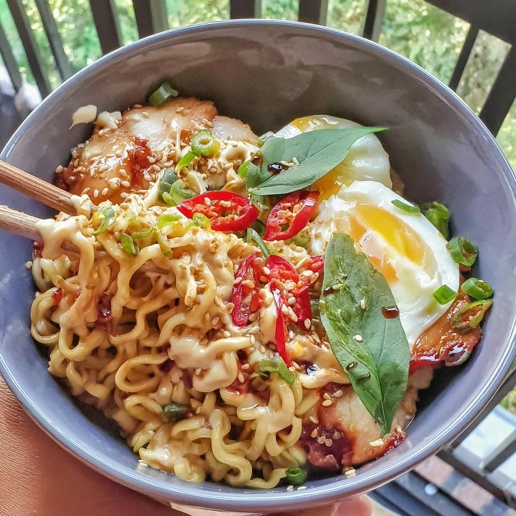 Spicy Fire Chicken Ramen Bowl with vibrant colors and rich toppings