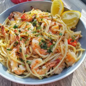 Delicious Lemon Garlic Shrimp Pasta garnished with fresh herbs